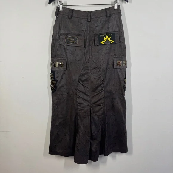 Camelot Italy Brown Cargo Midi Skirt Size S Embellished Utility Boho Grunge - Picture 9 of 16